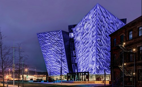Titanic Belfast lit up blue for Clap for Carers
