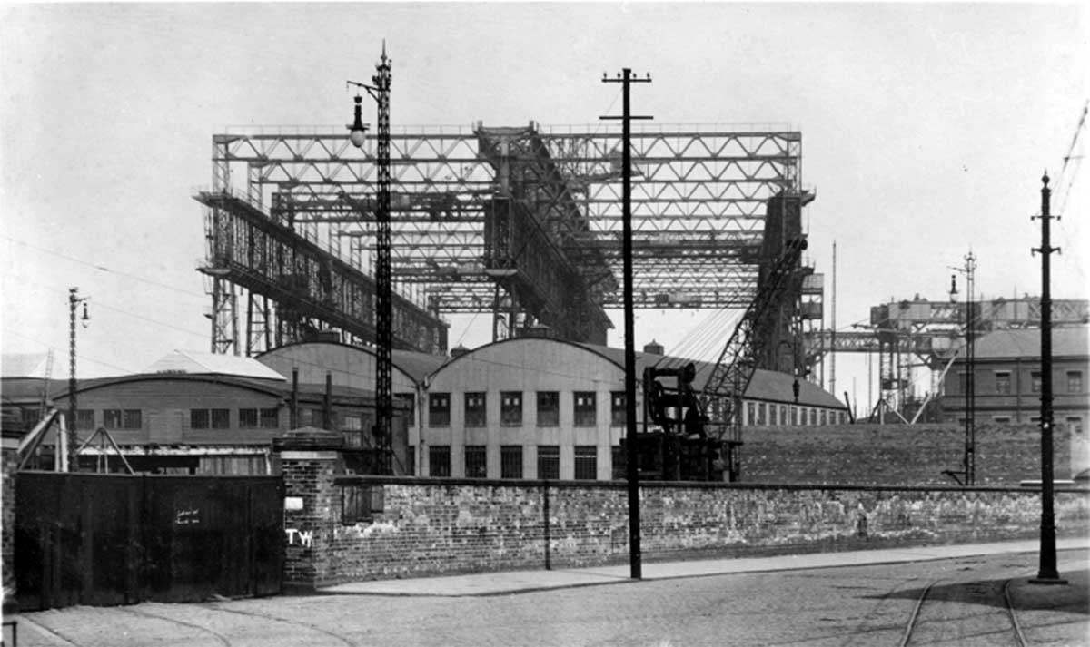 The Arrol Gantry towering above Carlisle’s reorganised shipyard. ©White Star Line Archive